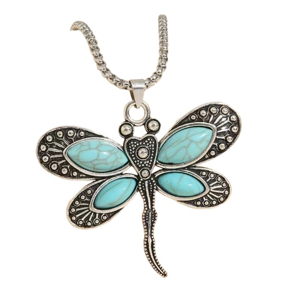 Antique Silver and Turquoise Dragonfly Pendant Necklace - Picture 1 of 6